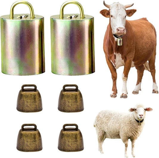 Large and Small Animal Bells Set – 2 Stainless Steel Large Bells + 4 Antique Bronze Small Bells for Cattle, Sheep, Pigs, Horses, and Pets – Loud, and Rust-Resistant